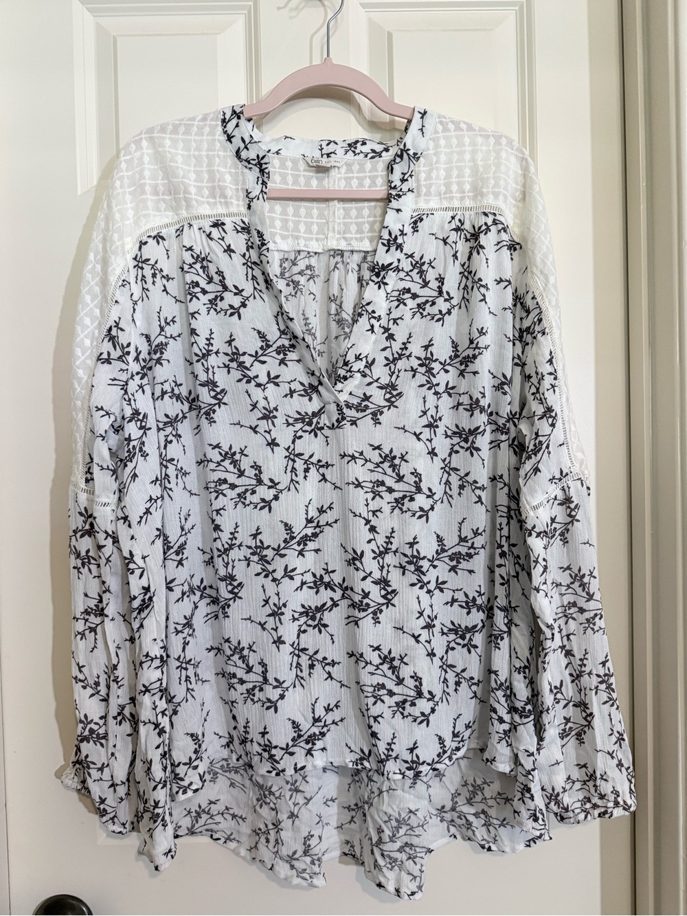 Cato White Blouse with Black Botanical Print and Lace Yoke